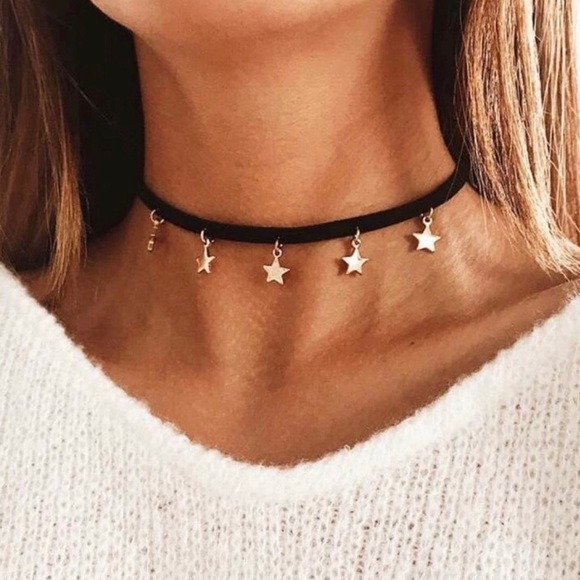 Ocean Dreams Jewelry - Gold Star Velvet Choker Black Galaxy Fringe Trendy